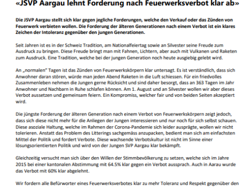 «JSVP Aargau lehnt Forderung nach Feuerwerksverbot klar ab»