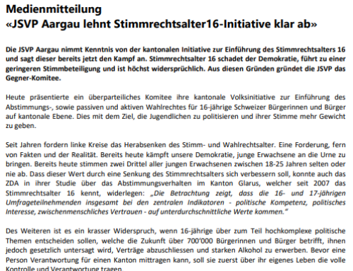 Medienmitteilung «JSVP Aargau lehnt Stimmrechtsalter16-Initiative klar ab»