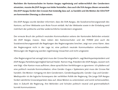 Medienmitteilung  «SVA Aargau setzt Genderstern ein! Der Grosse Rat muss handeln!»