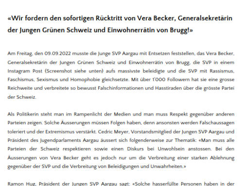 Medienmitteilung«Wir fordern den sofortigen Rücktritt von Vera Becker, Generalsekretärin der Jungen Grünen Schweiz und Einwohnerrätin von Brugg!»